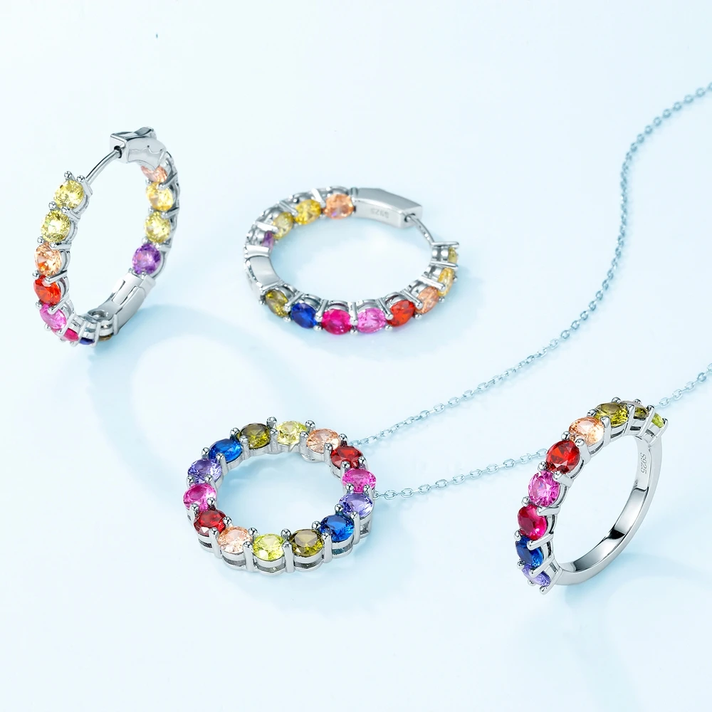 ALLNOEL 925 Sterling Silver Rings for Women Rainbow Crystal Colorful Round Cubic Zirconia Big Circle Trendy Fine Jewelry Gifts