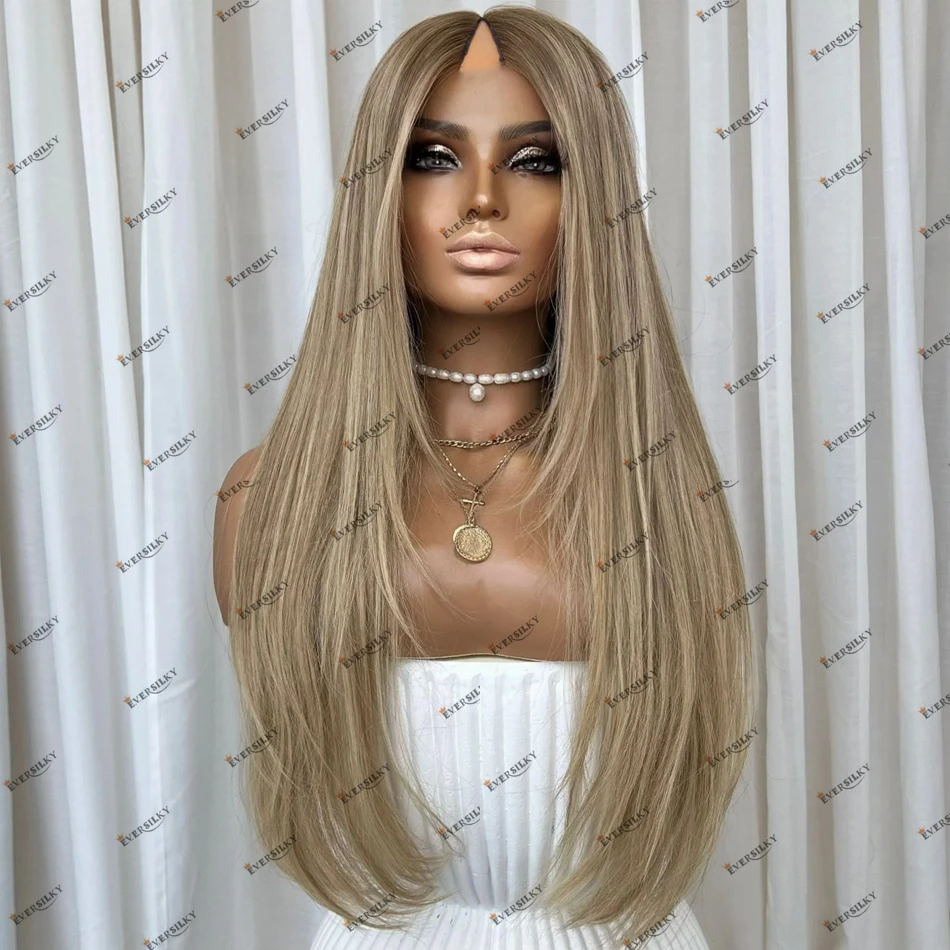 

100% человеческие волосы, женские многослойные кремовые блондинки, мелированные парики с V-образной частью, Remy, бразильские шелковистые прямые балаяж, натуральные светлые парики
