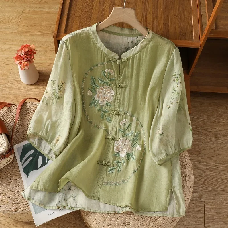 

Chinese Style Women's Blouse Embroidery Vintage Shirts Fashion Loose Summer Clothing Short Sleeve Cotton Linen Women Tops