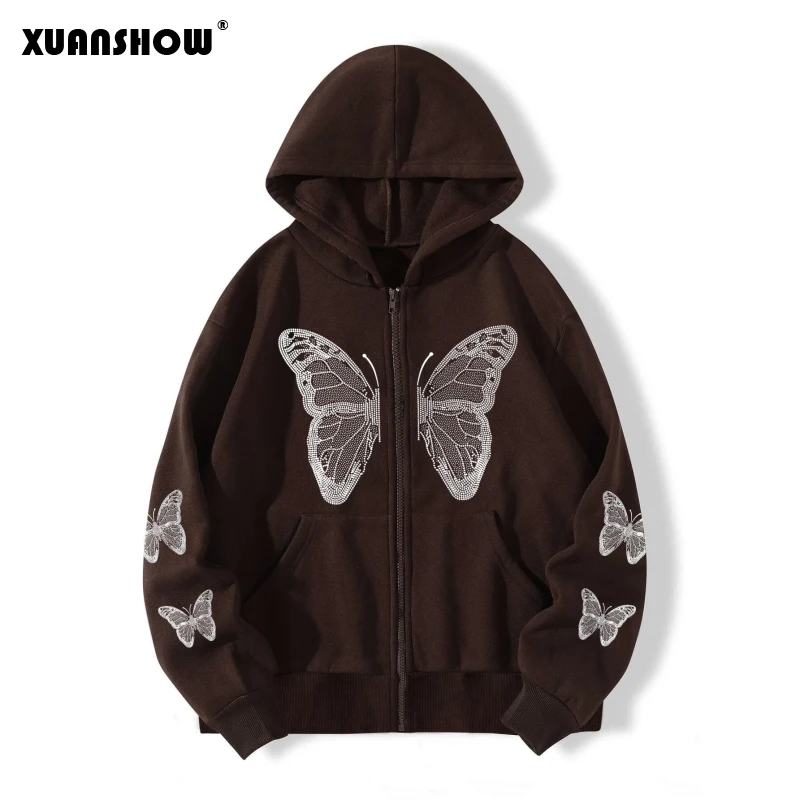 XUANSHOW Autumn Winter Women\'s Zip Up Hoodie Sweatshirt Butterfly Loose Zipper Front Pocket Casual Streetwear Hooded Jacket Coat