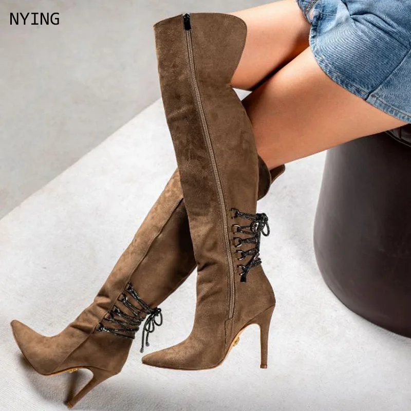 

Lace-Up Knee-High Heeled Boot Pointed Toe Stiletto Retro Women Boots Side Zipper Patchwork Sexy Shoes 44