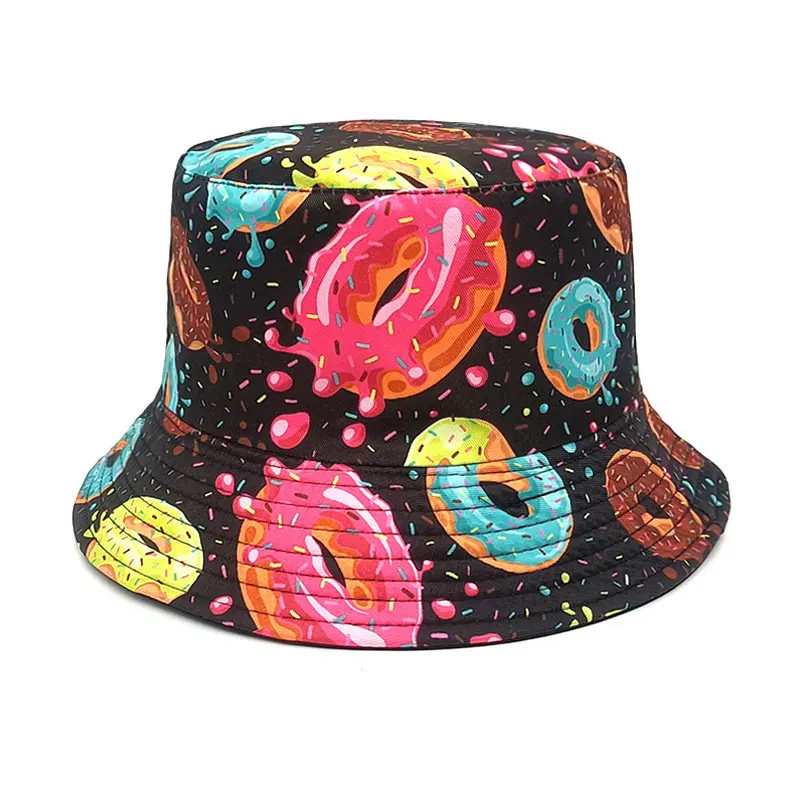 

2023 Four Seasons Cotton Cartoon Donuts Print Bucket Hat Fisherman Hat Outdoor Travel Sun Cap for Men and Women 226