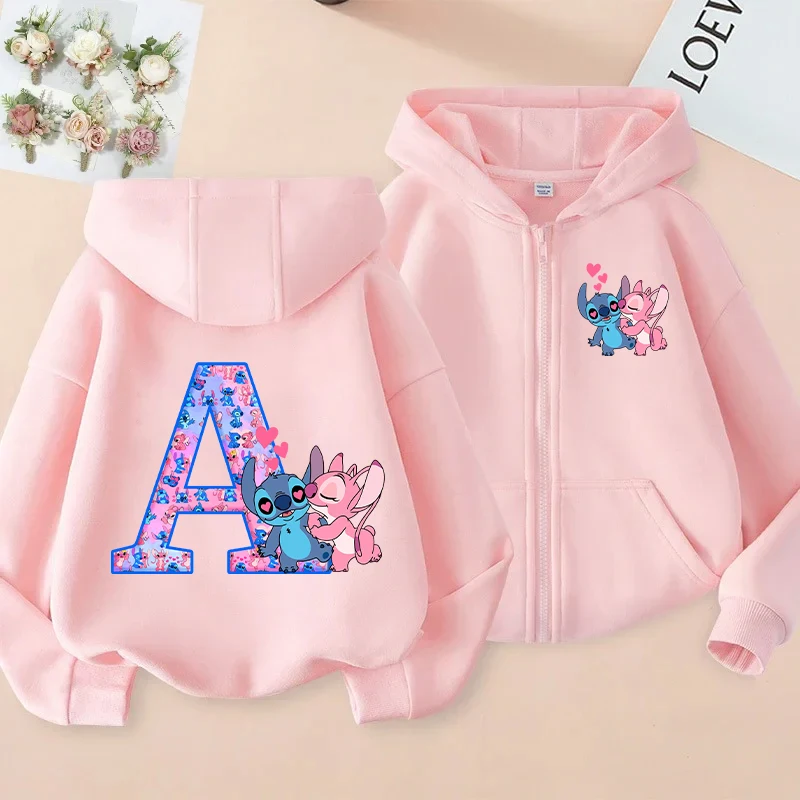 

Stitch Angel Zipper Hoodies Girls Disney Anime Letter A-Z Sweatshirt Kids Spring Autumn Coat Outdoor Sport Jacket Children Gift
