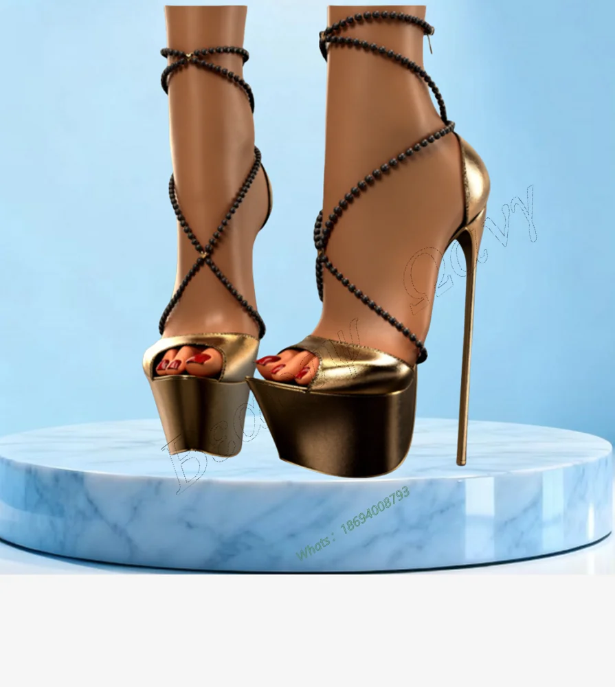 

Gold Spike High Heel Platform Sandals Cross Band Round Toe Hollow Thin High Shoes Sexy Women Shoes New Zapatos Para Mujere