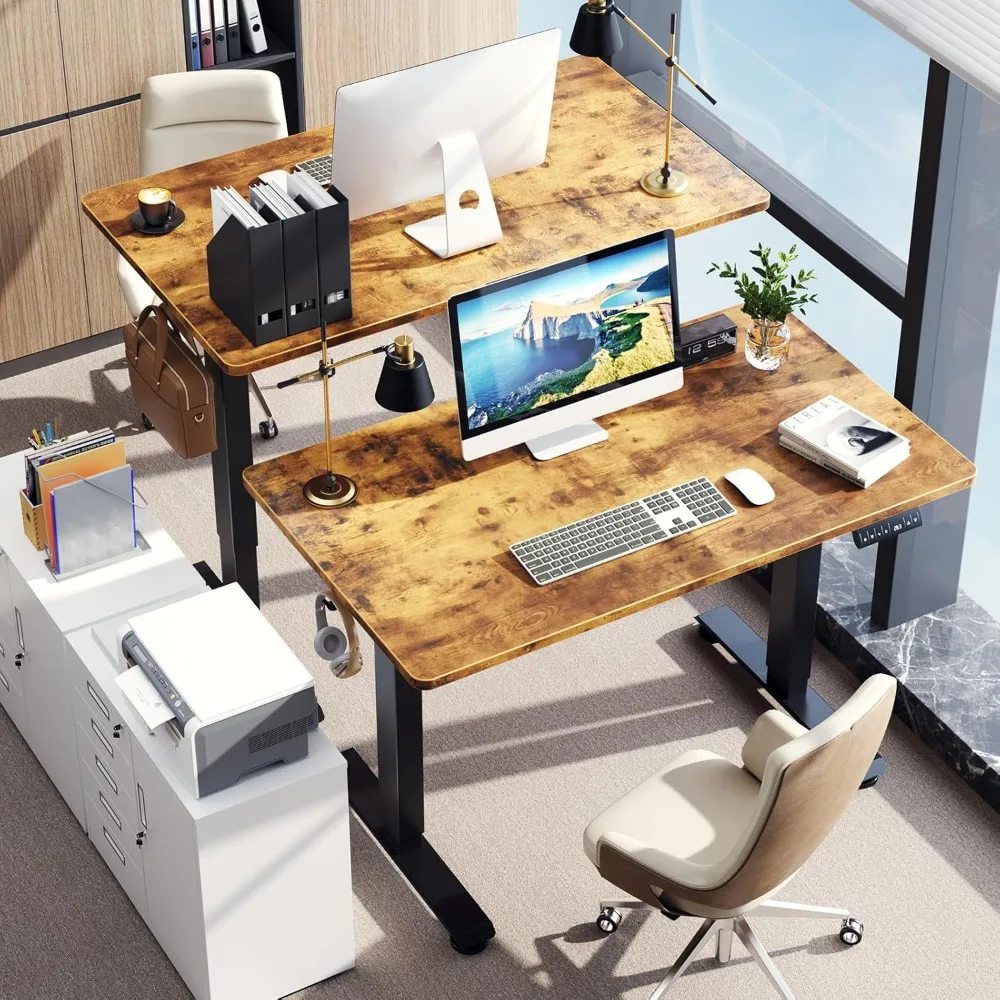 

47.2" Standing Desk Electric, Height Adjustable Sit Stand Up, Wood Desktop, Work Home Office, Computer PC Table, Brown