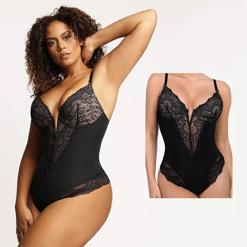 Sexy Deep V-Neck Lace Slimming Body Shaper Plus Size Tummy Control Push Up Sports Jumpsuit Breathable Bodysuit