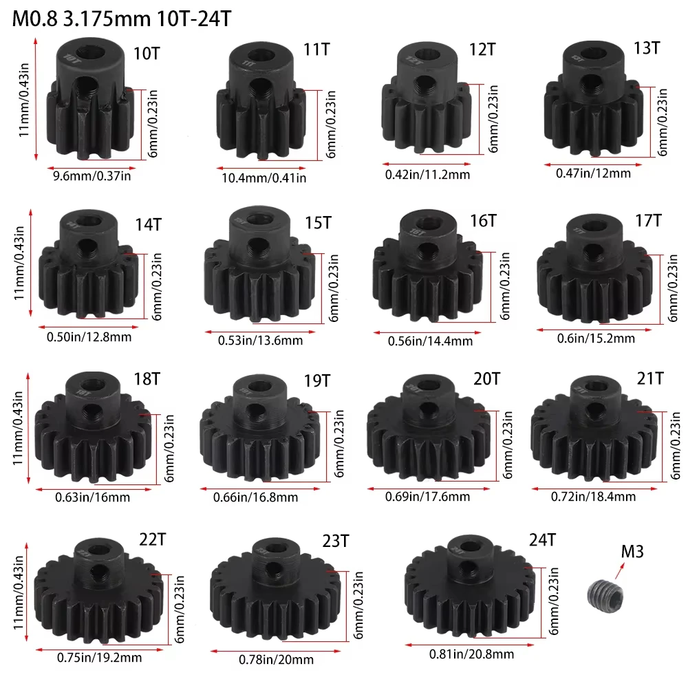 Image of M0.8 3.175mm Gehärteter Stahl Metallzahnrad 10T 11T 12T 13T 14T 15T 16T 17T 18T 19T 20T 21T Motorgetriebe für 1/10 RC Auto Upgrade-Modifikation