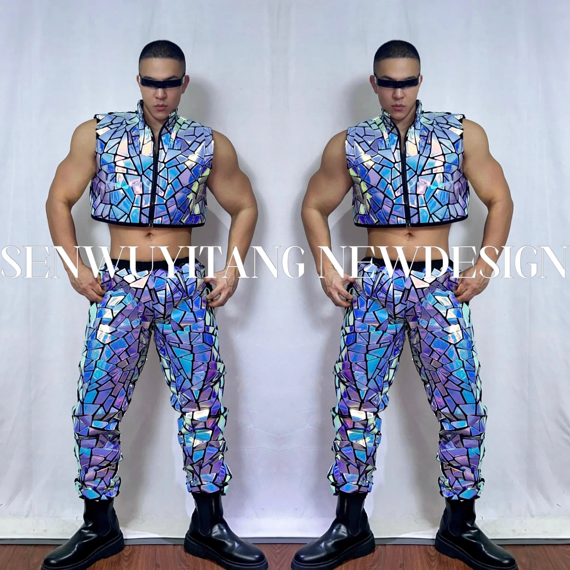 

Blue Purple Lens Laser Split Sleeveless Coat Pants 2pcs Dance Party Show Men's/Women's Nightclub Bar Singer Lead Dance Outfit