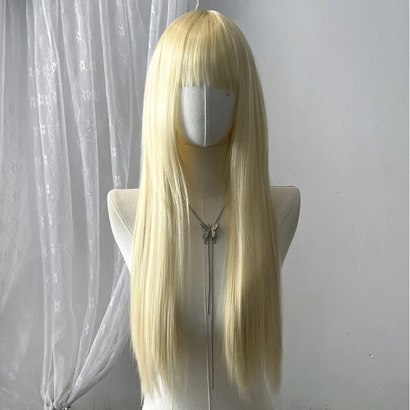 Colored Flat Bangs Long Straight Synthetic Wig for Women