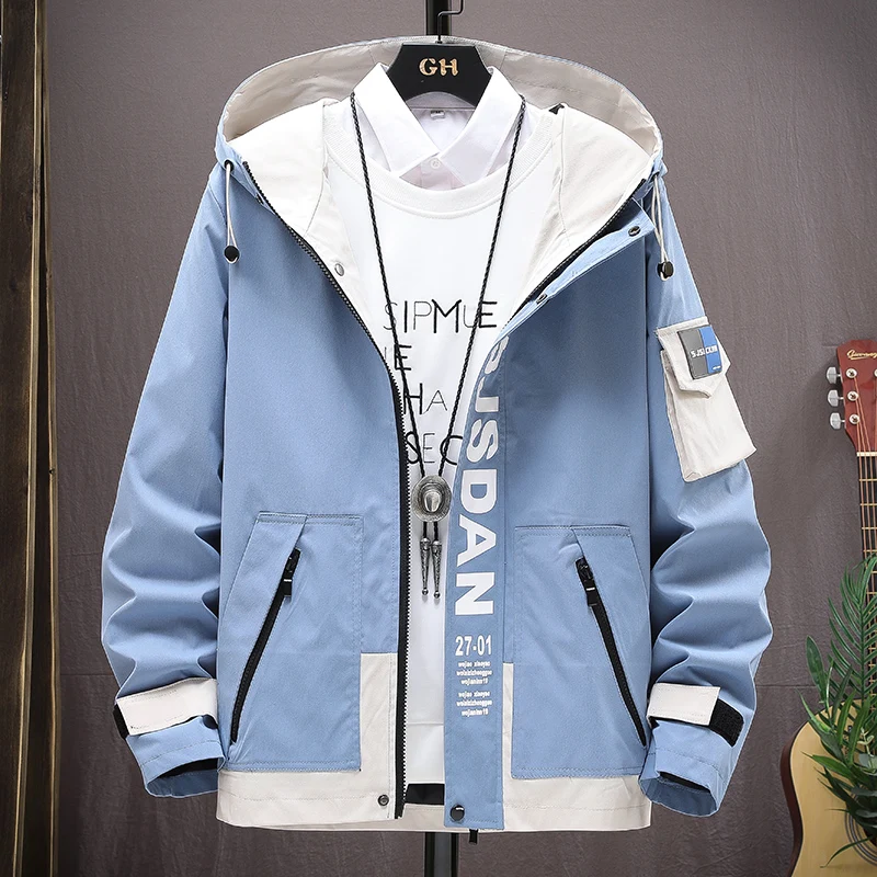 Men's Baseball Uniform Spring and Autumn New Solid Color Multi Pocket Loose Outdoor Camping Hooded Jackets Men's Work Jacket