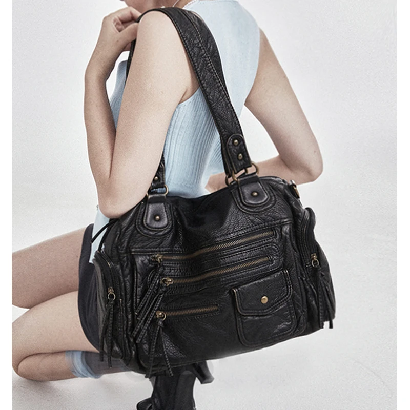 

high quality bag Soft leather retro One shoulder messenger bag large capacity tote bag punk multi pocket Y2Kmotorcycle bag