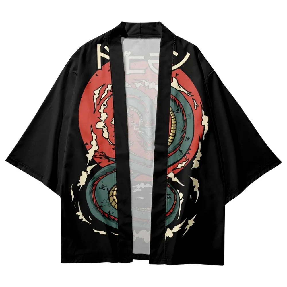 Kimono tradicional con estampado de dragón de Anime japonés para hombre y mujer, ropa de calle para la playa Yukata, cárdigan de Cosplay, abrigo negro Haori