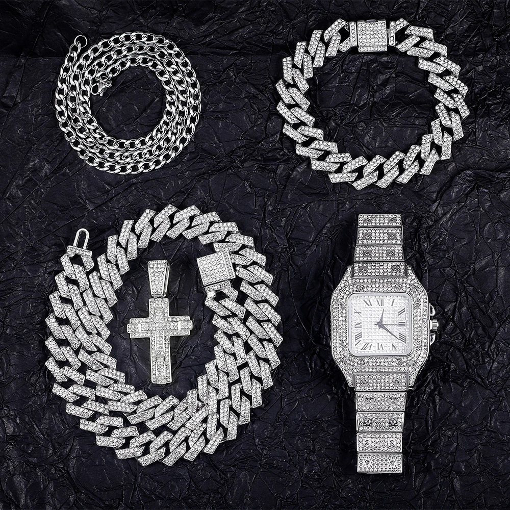 

5-Piece Gift Box SetExquisite Religious Cross with Diamond Cuban Chain Necklace Luxurious Quartz Watch Fashion Jewelry Accessory