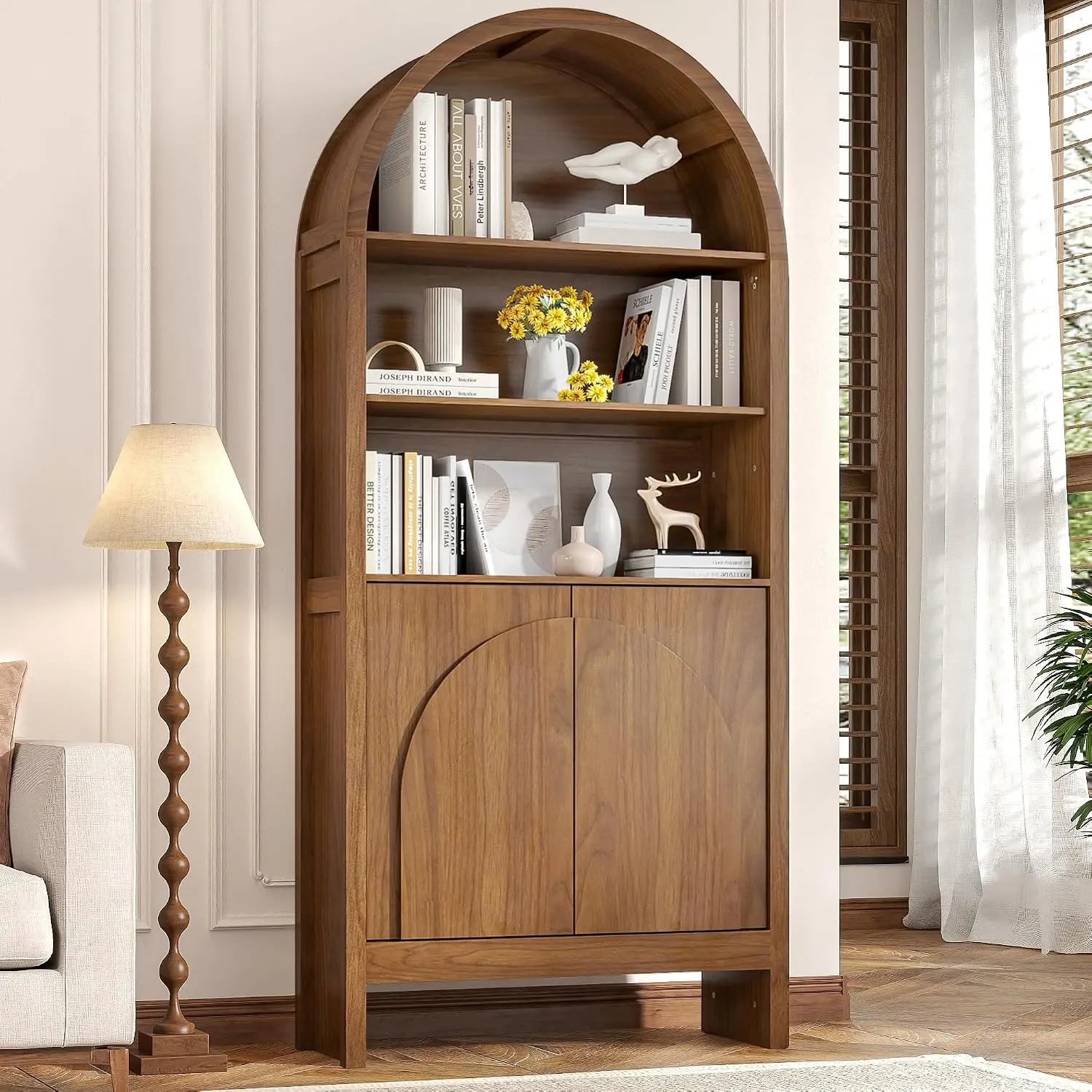 Arched Bookcase 5 Shelf 71 Inch Display Cabinet Storage Library Bookshelf Wooden Living Room Office Walnut, Customized