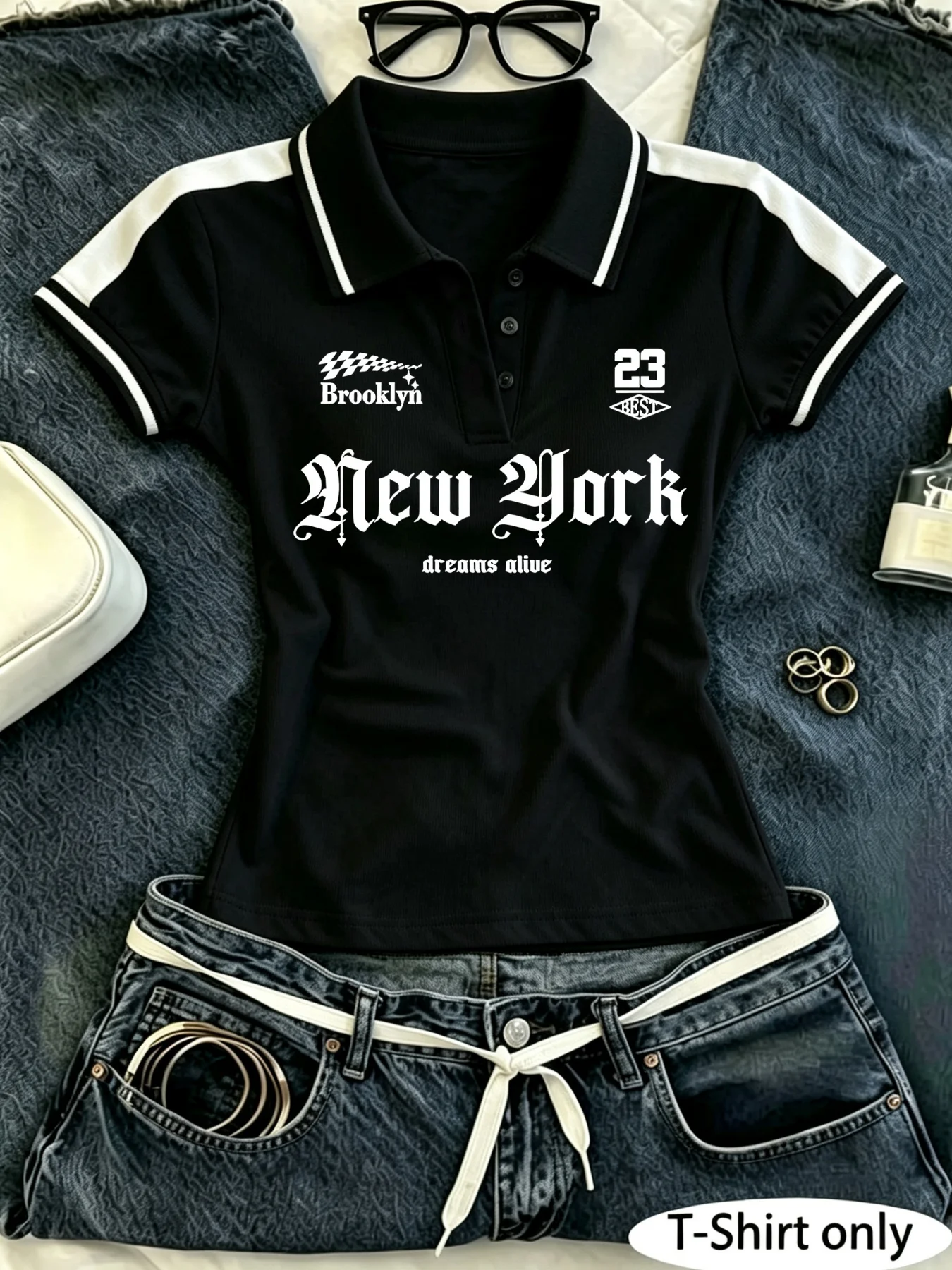 Women's Y2K Crop Polo Shirt, New York Brooklyn Graphic Print Color‑Block Short Sleeve Collared Slim Fit Top for Casual Street