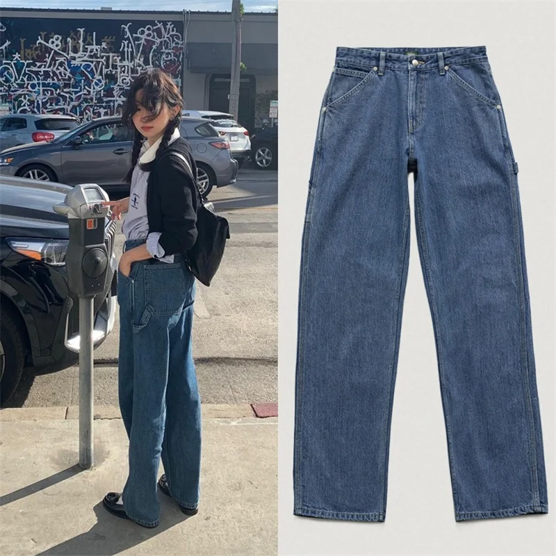 

Trendy High Waist Straight Leg Jeans Casual Pants Women's 2023 New Arrival Classic Blue Denim Zipper Closure Long Pants