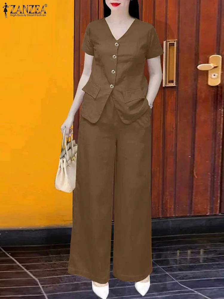 

ZANZEA Women Casual Pant Sets Elegant Short Sleeve V Neck Shirt Wide Leg Trouser 2pcs Outfits 2025 Spring Commute 2-Pieces Suits