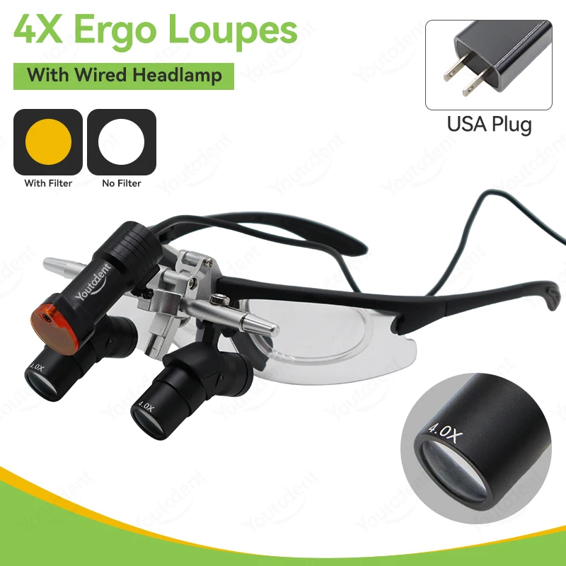 Ergo Optische Tandheelkundige Loep 48 °   Met 5W LED-licht 4X 5X 6X Opklapbare operatie-loepen Hoekstructuur Parallel zichtveld