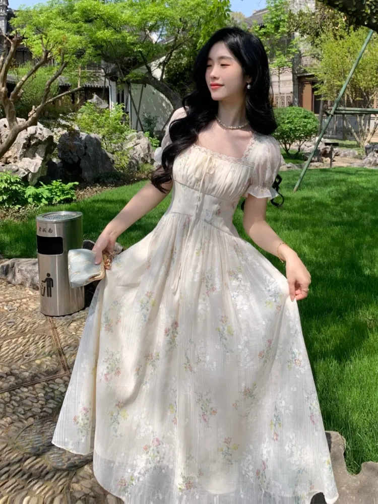 Korean Fashion Floral Print Fairy Dress Elegant Square Collar Short Sleeves A-Line Party Prom Robe Princess Vestidos Summer