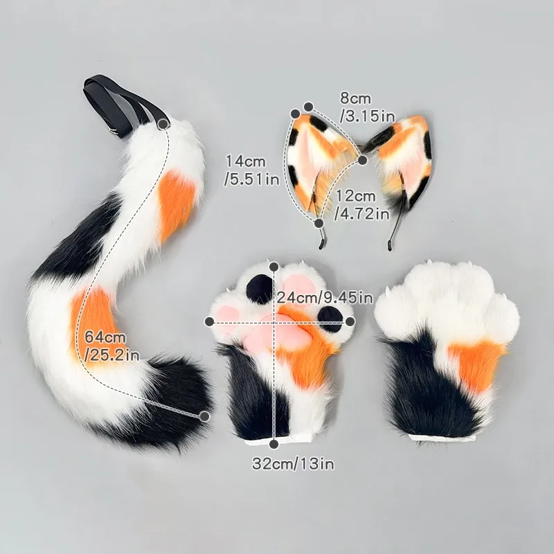 Animal Ear Headband Gloves Tail Calico Cat Ears Tail Paws Tail Furry Cosplay Accessories Girls Women Lolita Party Furry Props