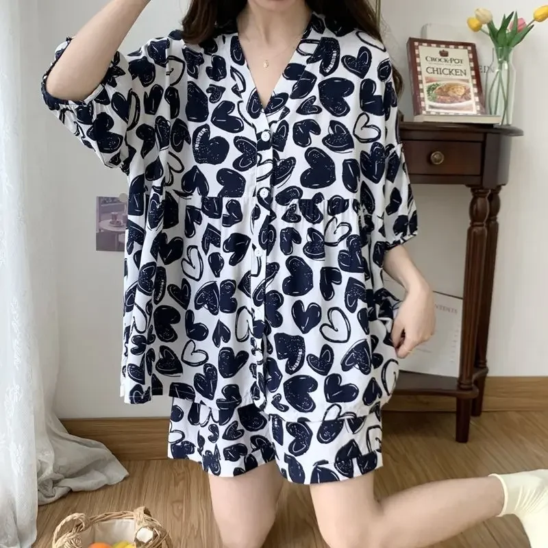 Shorts Little Fellow Rayon Cotton Loungewear Set Large Size Fashion Online Celebrity Loose Pajamas Ms.summertime Short Sleeve