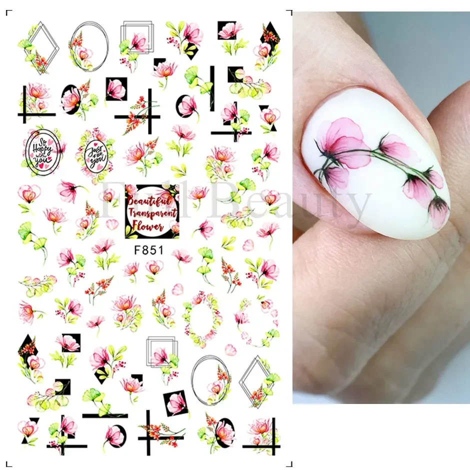 3D Spring Watercolor Nail Sticker Purple Flower Leaf Slider Nail Art Decoration GLF850