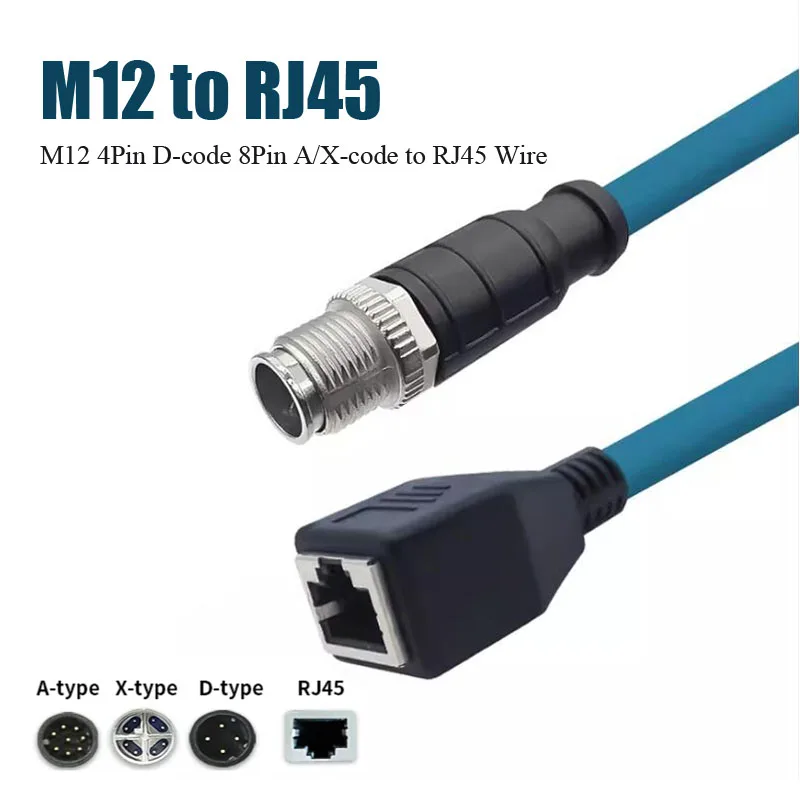 

M12 to RJ45 Female Extension Cable 4pin/8pin A/D/X Type Male and Female Connector Industrial Gigabit Network Wire 0.5-30M