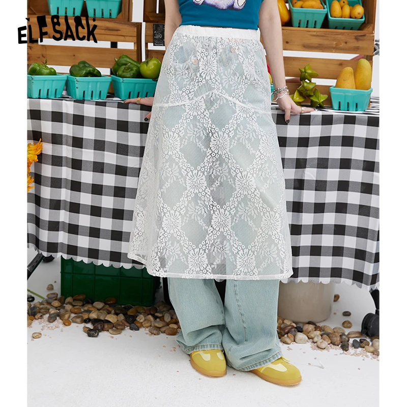 ELFSACK 2024 summer new arrival picnic travel vacation holiday soft comfortable fitted Lace layered half skirt tied gauze skirt