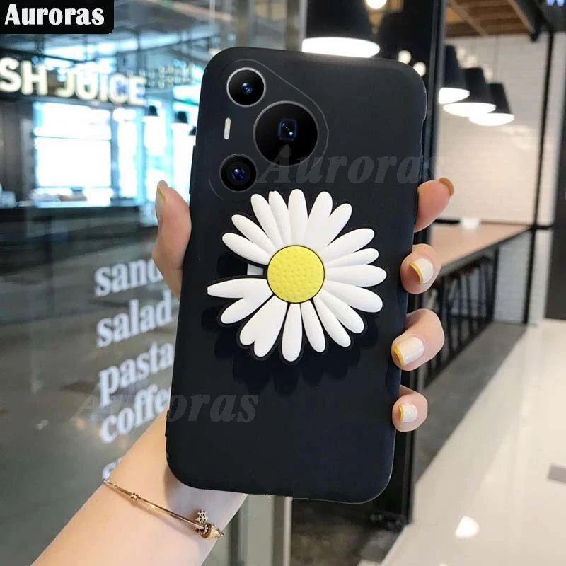 Auroras For Huawei Pura 70 Pro Plus Case With Chrysanthemum Holder Silicone Soft Shockproof Shell For Pura 70 Ultra Cover Funda