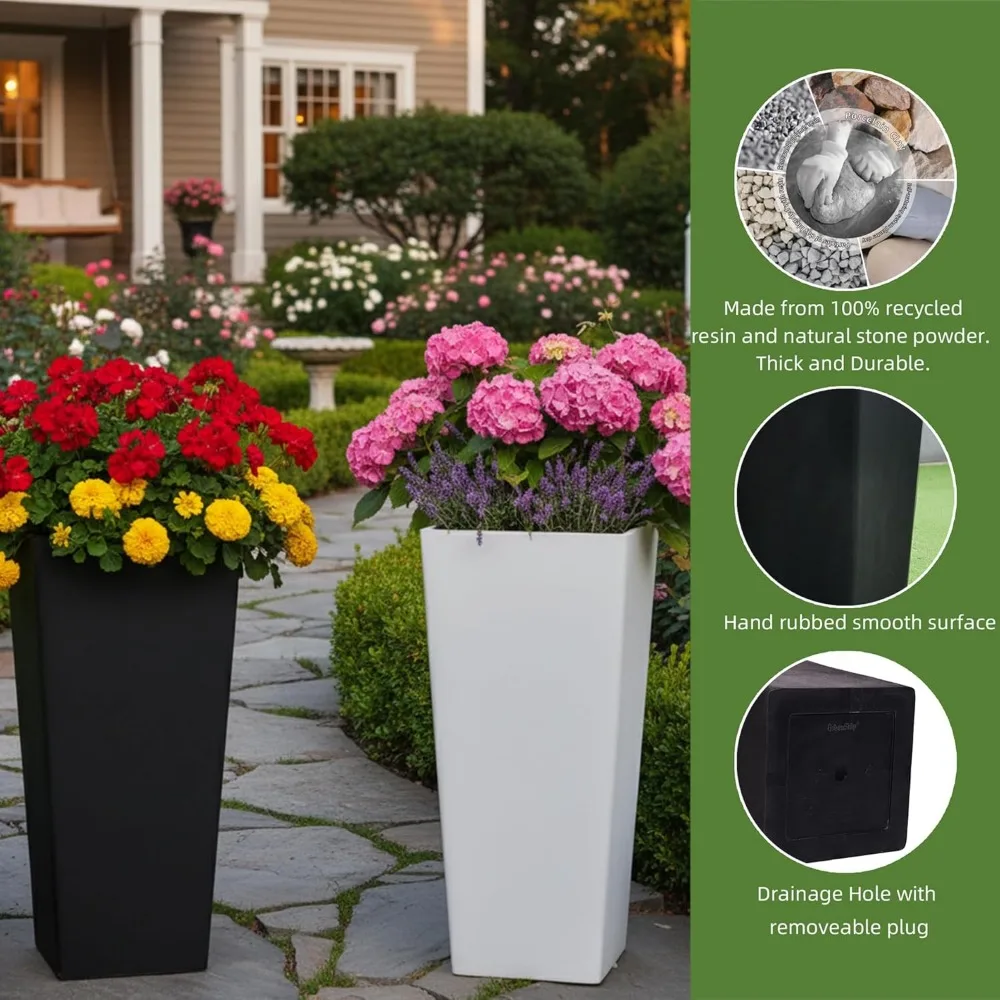 กระถางต้นไม้หินสีขาวขนาดใหญ่ ชุด 2 ใบ สูง 27 นิ้ว สำหรับปลูกต้นไม้ทั้งในร่มและกลางแจ้ง พร้อมระบบระบายน้ำและชั้นวางด้านใน
