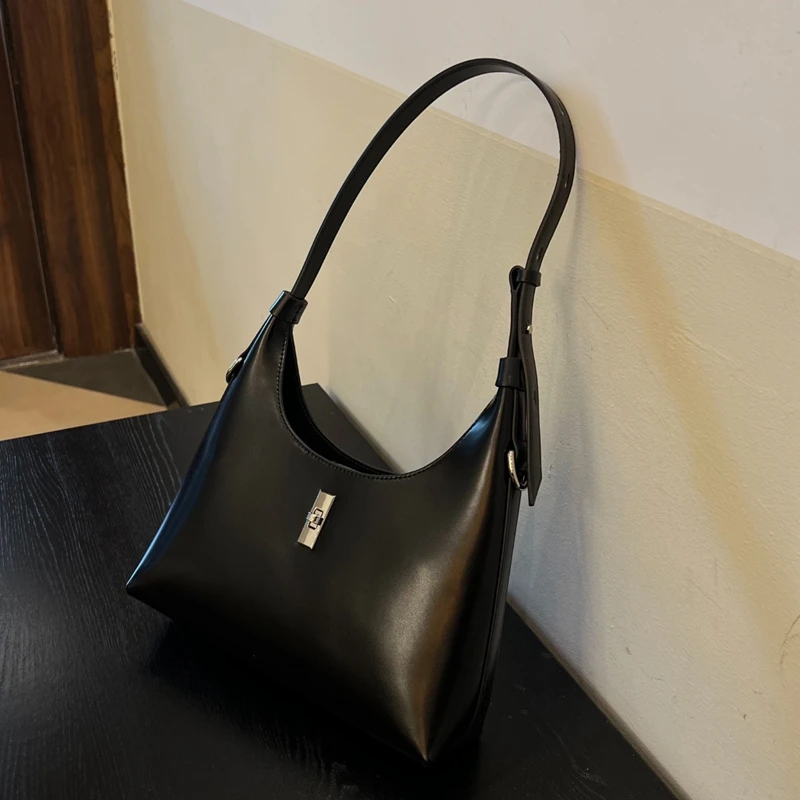 Black Fashion Simple Women Bag\\Handbag Genuine Leather Saddle Bag Real Leather Female Armpit Shoulder Bag Crossbody Bag