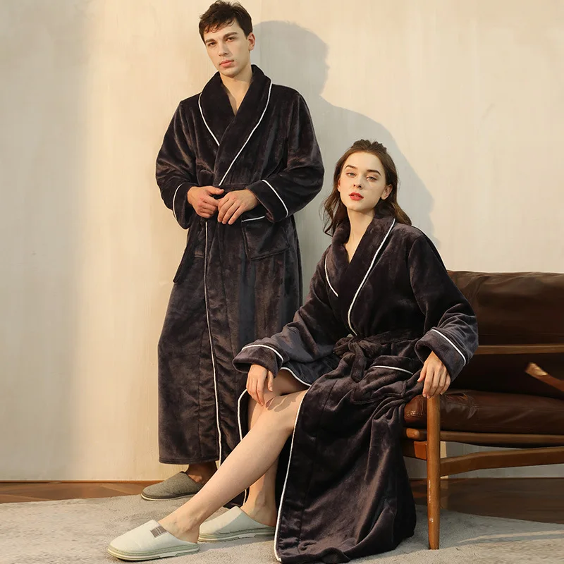 

New Men's and Women's Bathrobes Warm Flannel Pajamas Couple's Pajamas with Pockets Bathrobes Home Clothes