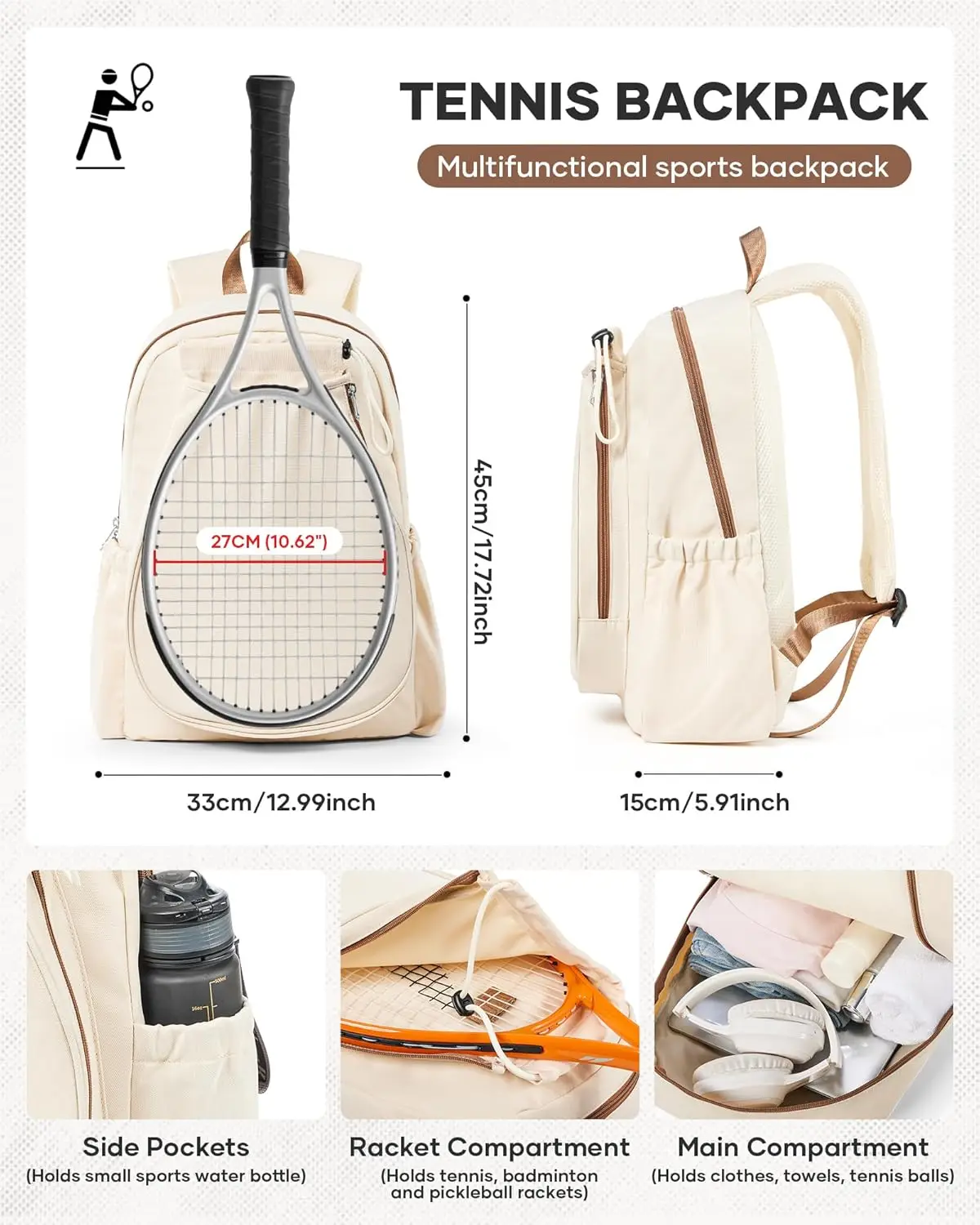 Multifunctional Tennis Backpack for Pickleball & Badminton | Racket Compartment, Side Pockets & Drawstring | Sports, Gym, Travel