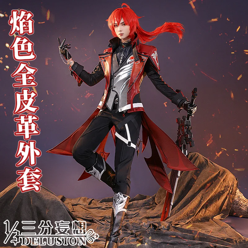 

COS-HoHo Anime Genshin Impact Diluc Blackish Red The Whole Night Battle Suit Uniform Cosplay Costume Halloween Party Outfit Men