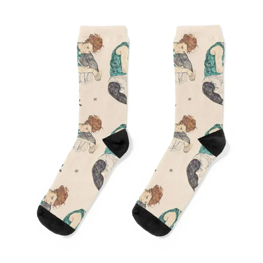 

HD Seated Woman With Legs Drawn Up , by Egon Schiele - HIGH DEFINITION Socks heated kawaii Socks Men's Women's