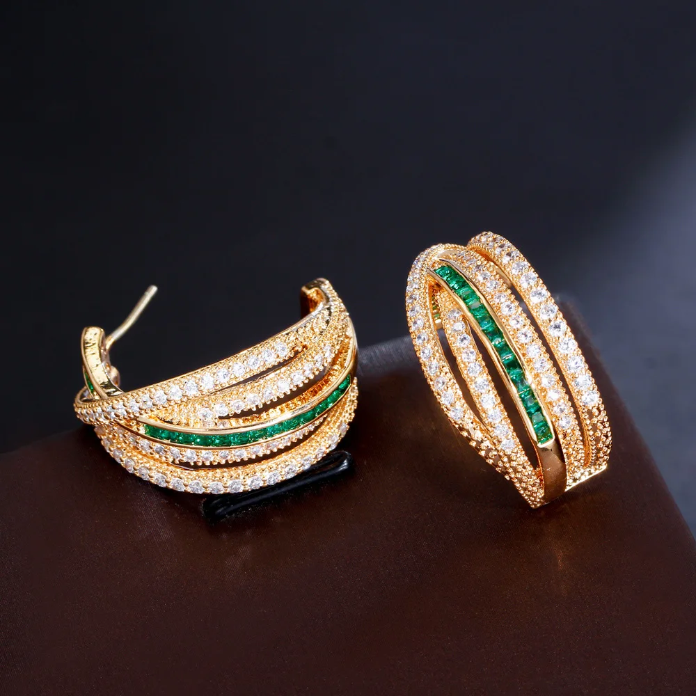 CWWZircons Multiple Geometric Twist Round Green Cubic Zirconia Hoop Earrings for Women Brazilian Gold Plated CZ Jewelry CZ373