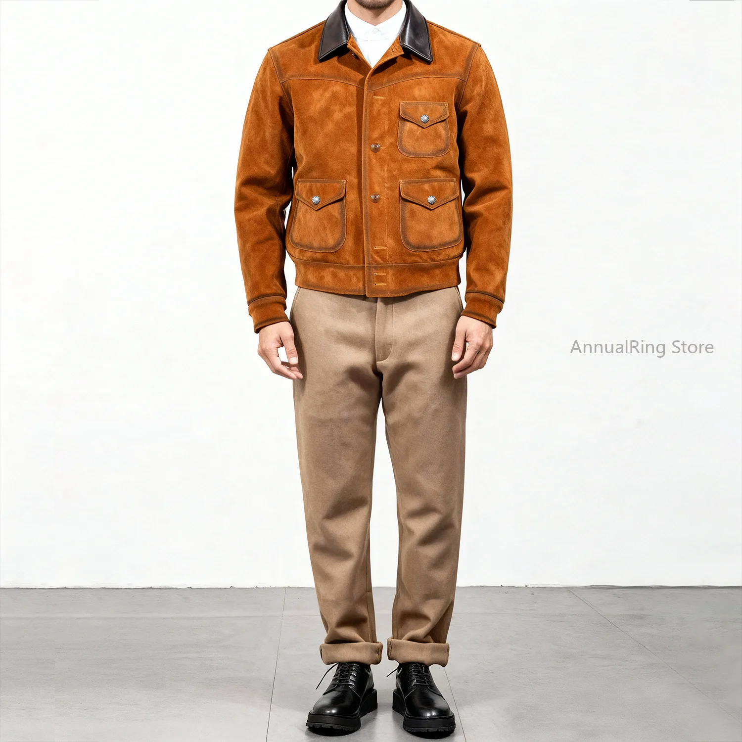 Retro Short Style Leather Cloth.Natural Cow Suede Leather Jacket,Plus American West Vintage Casual Leather Coat.