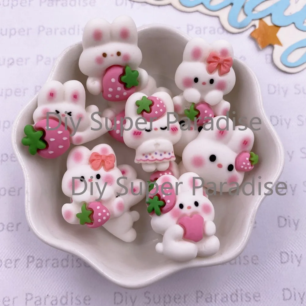 12PCS Colorful Resin Cartoon Strawberry Bowknot Rabbit Figurines Flat back Stones DIY Wedding Decor Scrapbook Accessories Crafts