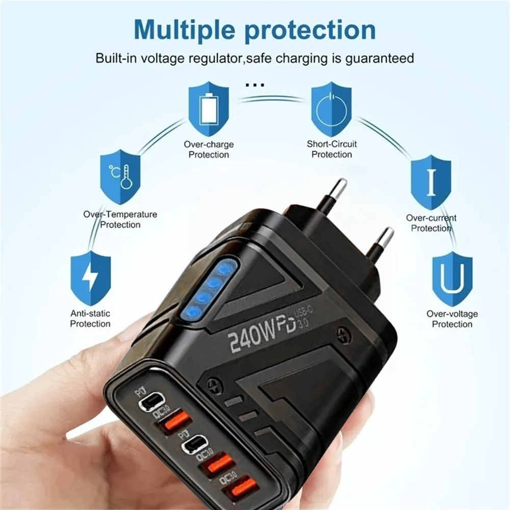 240W 5 Ports Type C Fast Charging Charger Phone Power Adapter EU/US Plug PD USB Travel Wall Charger For iPhone Samsung Xiaomi