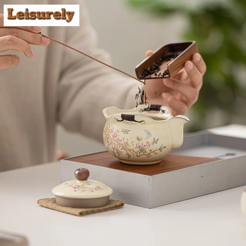 Exquisite Wisteria Flower Ru Kiln Hand Grab Teapot Zen 1 Pot 2 Cups Kit Tea Brewing Kettle Kung Fu Tea Tableware Accessories