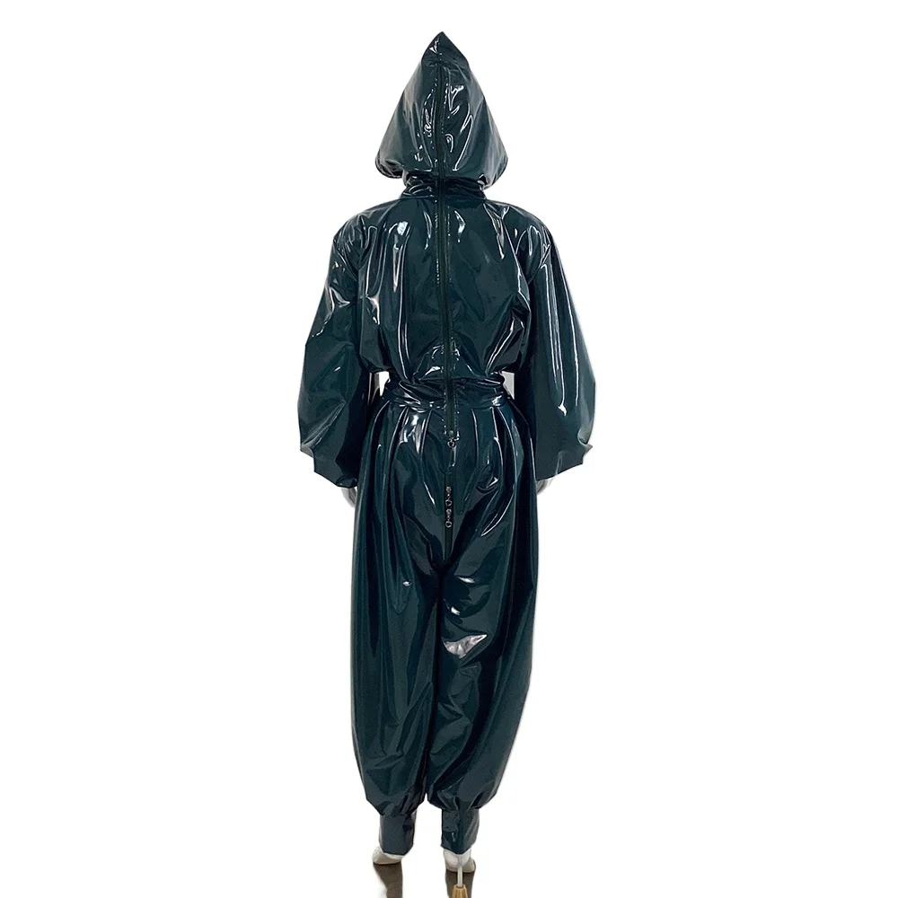 Wetlook Long Sleeve Pleat Loose Hooded Jumpsuit Mens Womens Shiny PVC Bloomers Rompers Halloween Party Cosplay Costume Zentai