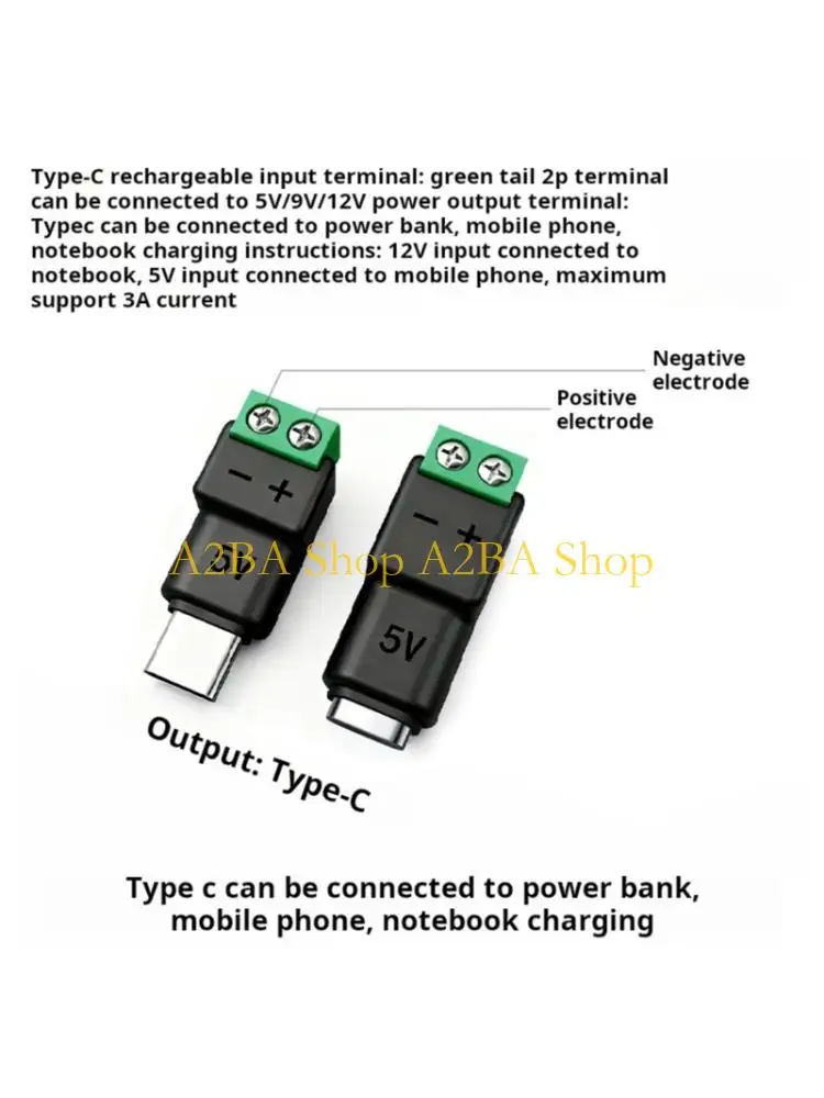 A2BA 2 Piece USB C To 2 Pin Green Terminal Adapter Connectors 15W Power Supply For Gadgets And Home Appliances