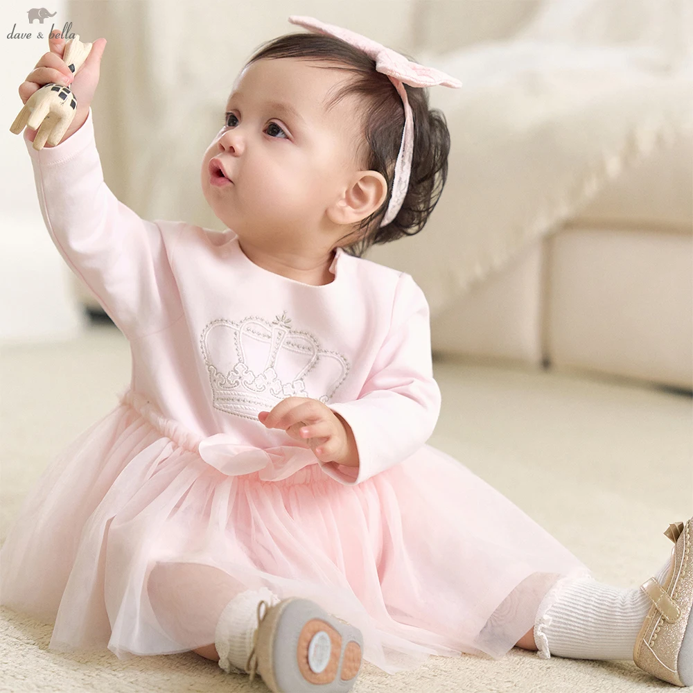 Dave Bella Spring Knitted Newborn Creeper Girls Cotton Fake Two-piece Mesh Romper Cute Baby Princess Jumpsuit DB1262003