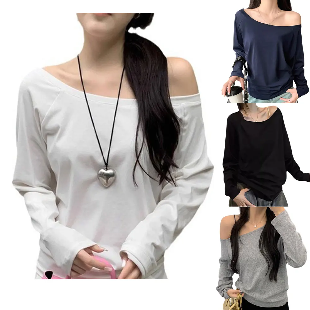 Off shoulder loose long sleeve Tshirt for women casual style moderate elasticity suitable for home club and daily use