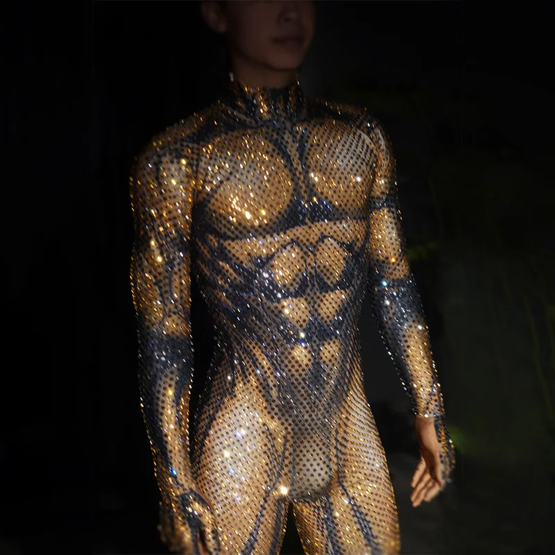 

Shining Rhinestones tattoo Muscle Man guest Jumpsuit stage dance costume rave festival Evening Celebrate clothing