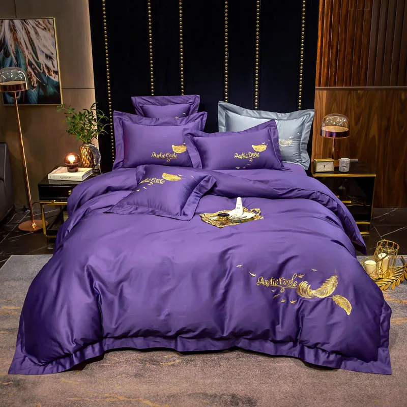 

Long-staple Cotton Embroidery Plain Color Four-piece Bed Linen Four Seasons Universal Light Luxury Style Bedding Peacock Purple