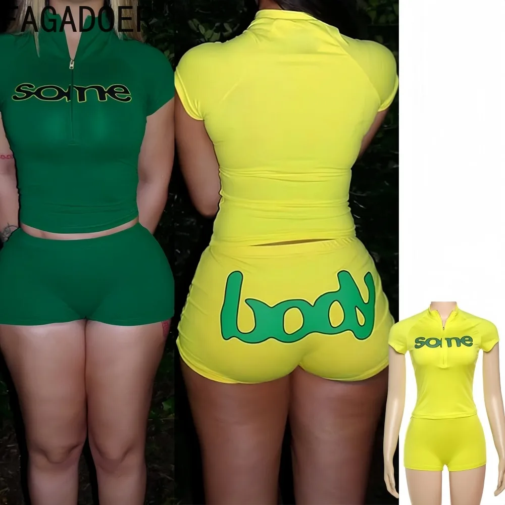 

FAGADOER Fashion Letter Print 2 Pieces Set for Woman Zip Short Sleeve Crop Tops + Shorts Matching Suits Female Streetwear New