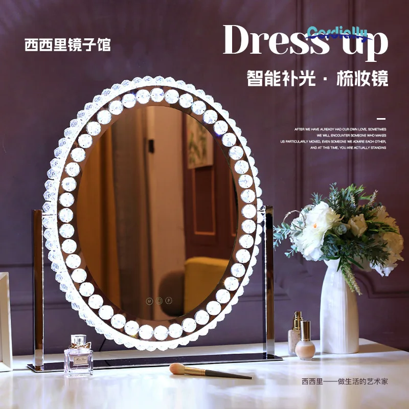 Luxurious Crystal Makeup Mirror Dressing Mirror With Light 3 Color Lighting 360 Degree Rotation Vanity Furniture