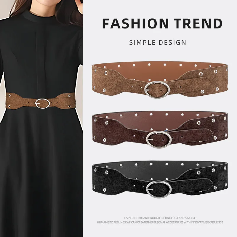 Retro Rivet Wide Girdle Women's Trendy All-match Jeans Accessories Belt Gothic Luxury Design Cowhide Pin Buckle Black Waistband