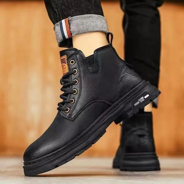 Men's shoes 2025 autumn and winter high top breathable casual shoes trendy leather shoes British style workwear boots for men